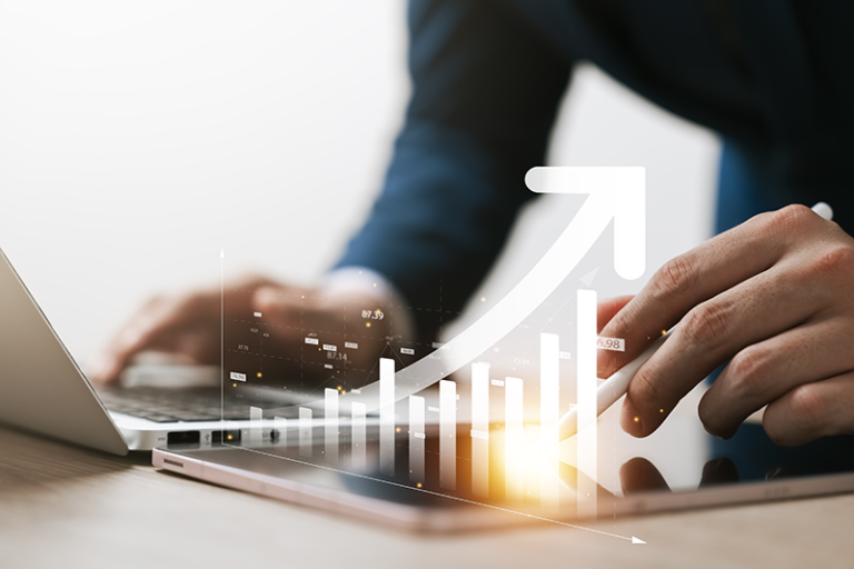 CRMBC Achieves Remarkable 71.8% Revenue Growth with Strategic Leadership and Tailored Solutions Businessman use laptop and tablet analyzing company growth, future business growth arrow graph, development to achieve goals, business outlook, financial data for long term investment